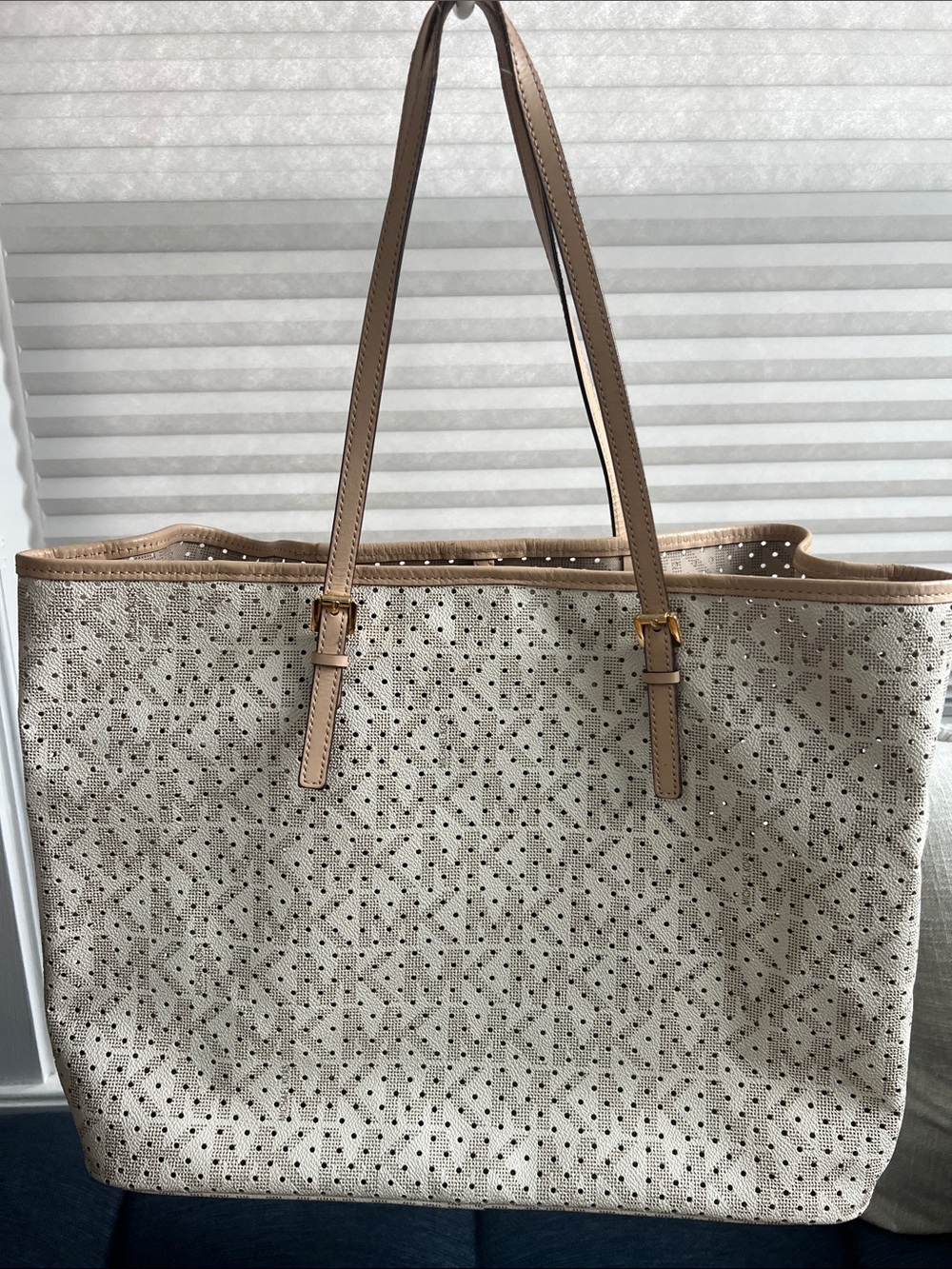 Michael Kors Cream Perforated Tote with Tan Trim - Picture 5 of 7